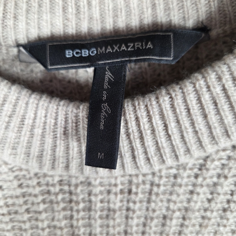 BCBG Maxazria Tan Waffle Knit Sweater M Long Sleeve Cropped Wool Cashmere - Picture 10 of 16